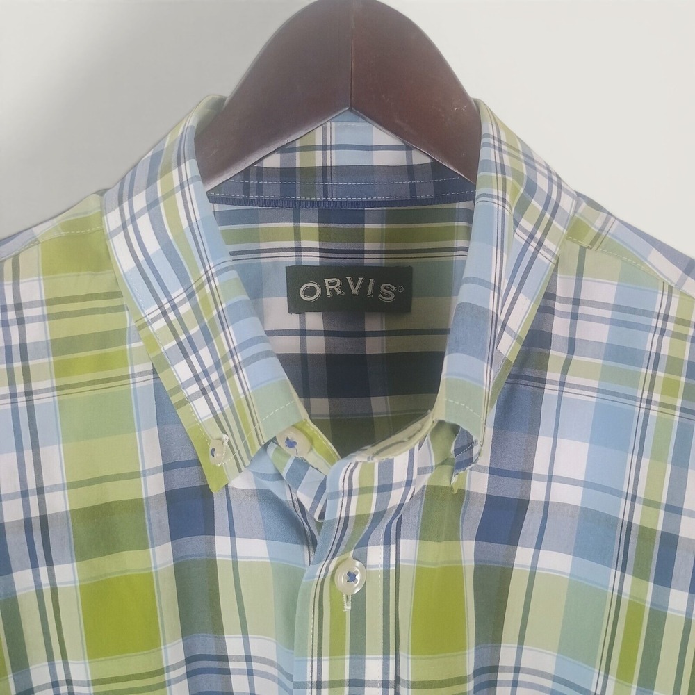 Orvis Heritage Wash Green Blue Plaid Button Down Shirt Mens Large L 2GMX